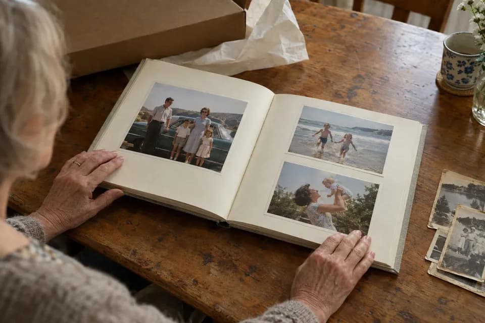 A new hardcover album just unboxed on a kitchen table, open at restored colour family photographs, an older woman’s hands on its pages, faded old prints beside it