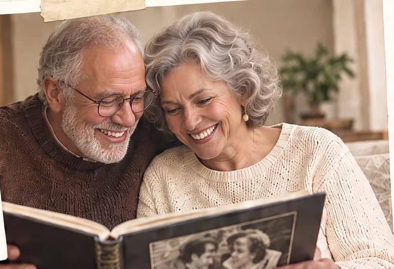 The same couple decades later, silver-haired and laughing together over their wedding album