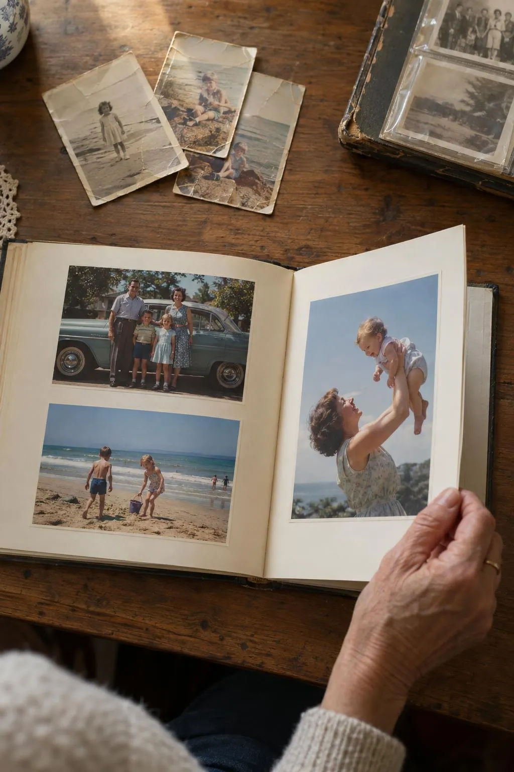 A new hardcover photo album lying open on a kitchen table, restored colour photographs on its pages, faded old prints beside it, a hand turning the page