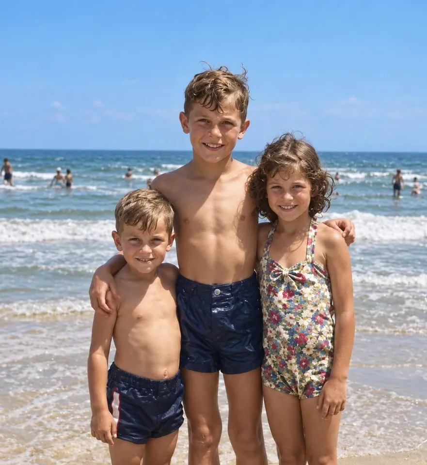 Three children in swimsuits at the beach, restored