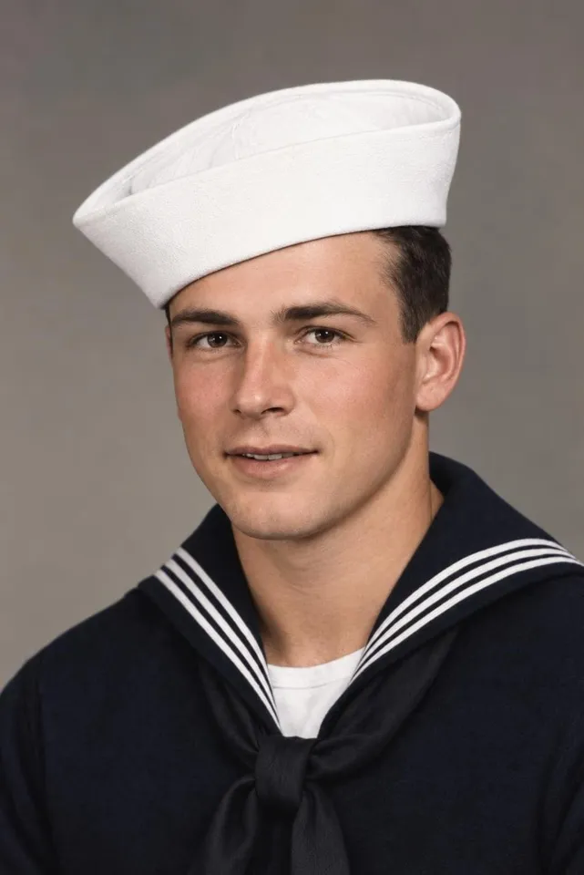 A 1940s portrait of a young sailor, the print cracked all over with a crease across his face, restored
