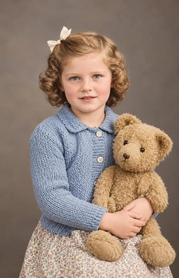 A 1940s portrait of a little girl holding a teddy bear, faded almost completely away, restored