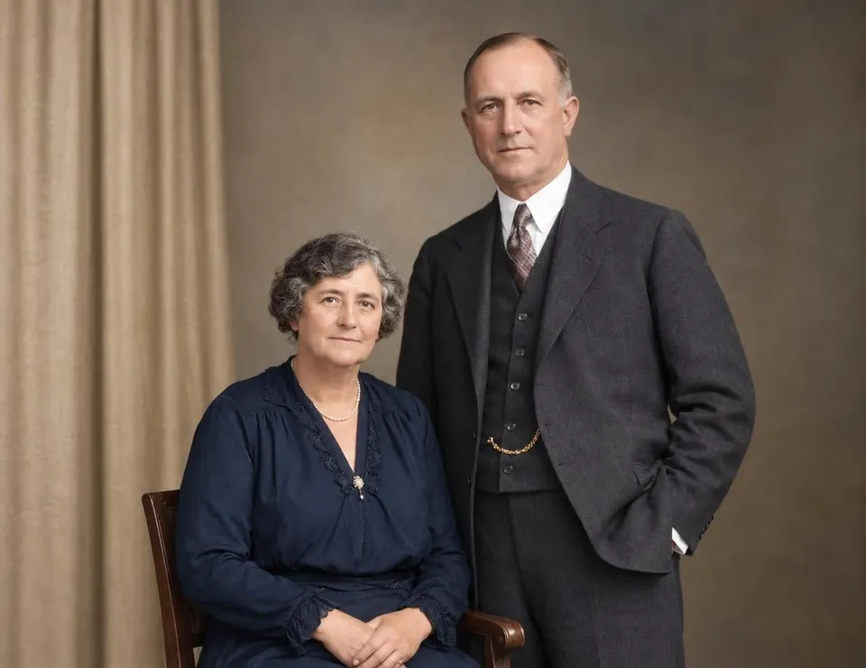 A 1930s portrait of an older couple, the print spotted with mould and silvered at the edges, restored