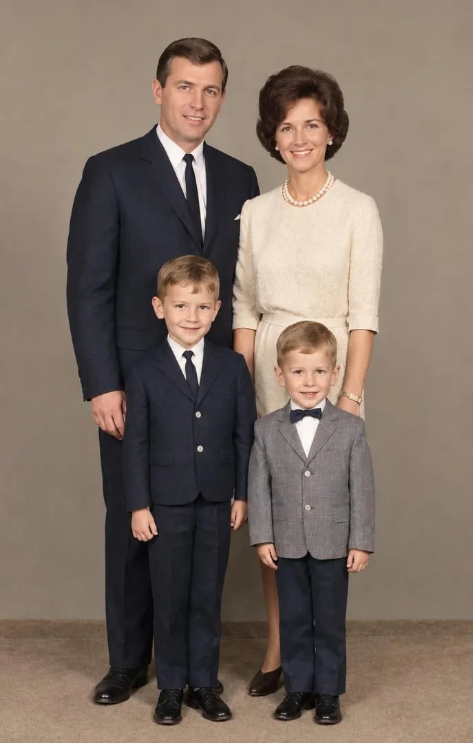 A 1960s family portrait of parents and two small boys, restored